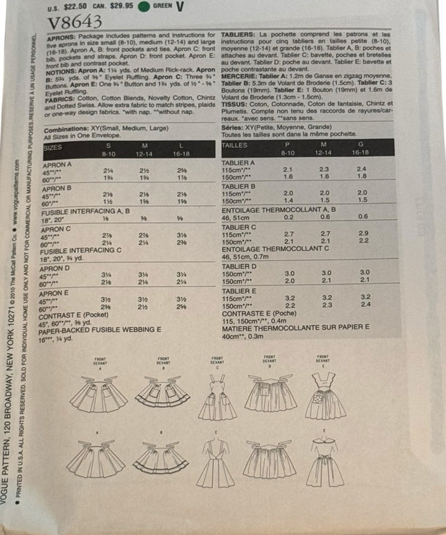 Vintage #8643 Vogue Sewing Pattern Women's Skirt Apron 1952 Design Retro  UNCUT