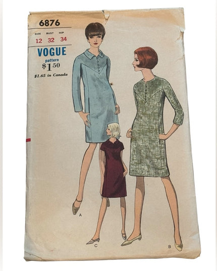 Vintage #6876 C1960s Vogue 1 pc Dress Sewing Pattern Sleeve Crew Neck Crew Neck