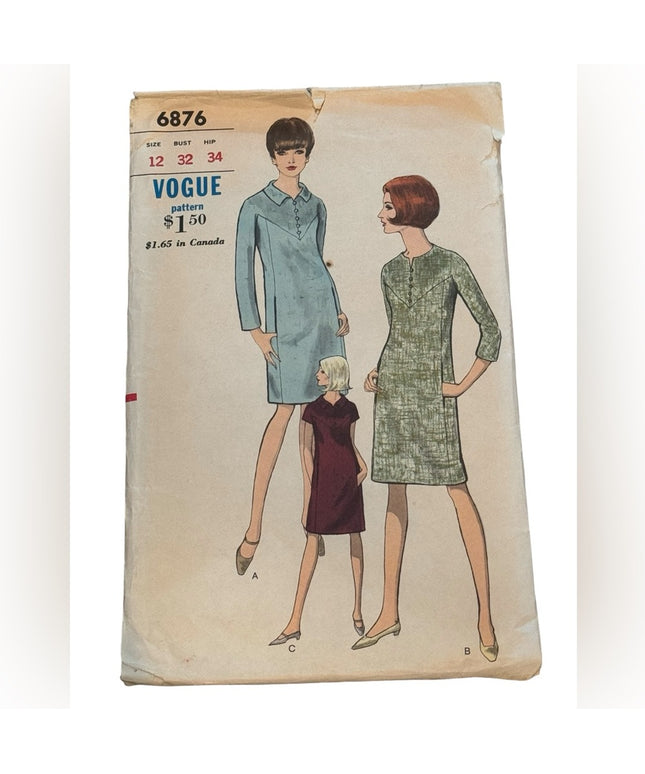 Vintage #6876 C1960s Vogue 1 pc Dress Sewing Pattern Sleeve Crew Neck Crew Neck