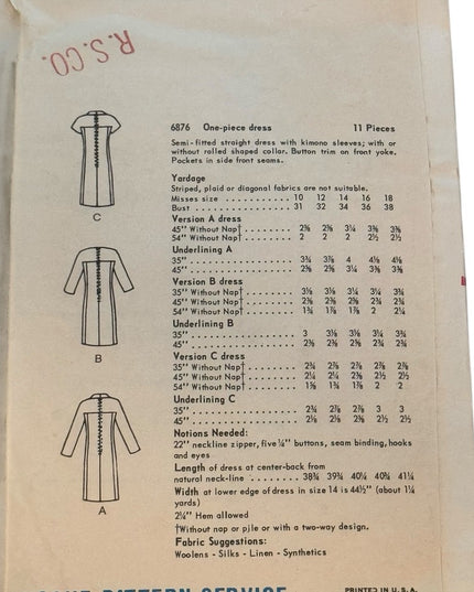 Vintage #6876 C1960s Vogue 1 pc Dress Sewing Pattern Sleeve Crew Neck Crew Neck
