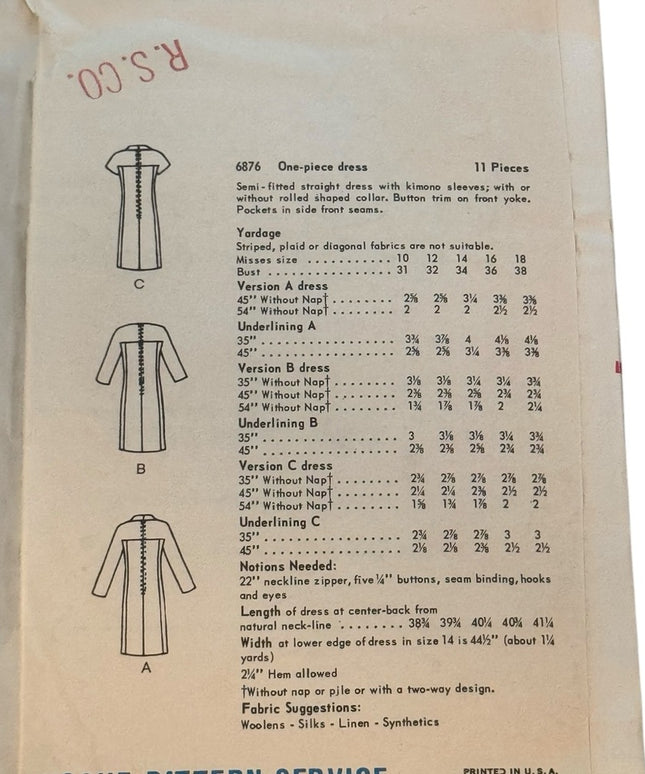 Vintage #6876 C1960s Vogue 1 pc Dress Sewing Pattern Sleeve Crew Neck Crew Neck