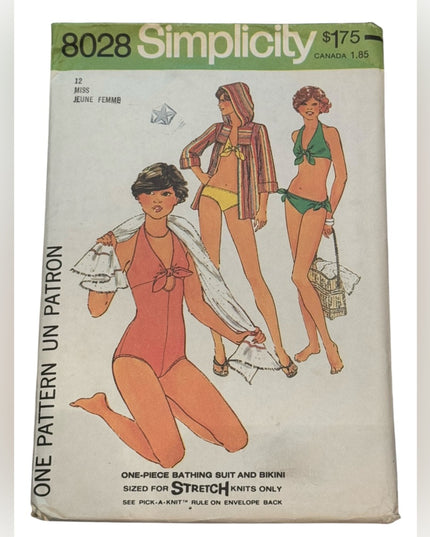 Simplicity #8028 Vintage BIKINI Sewing Pattern C1977 Swimwear UNCUT SZ 12 Miss