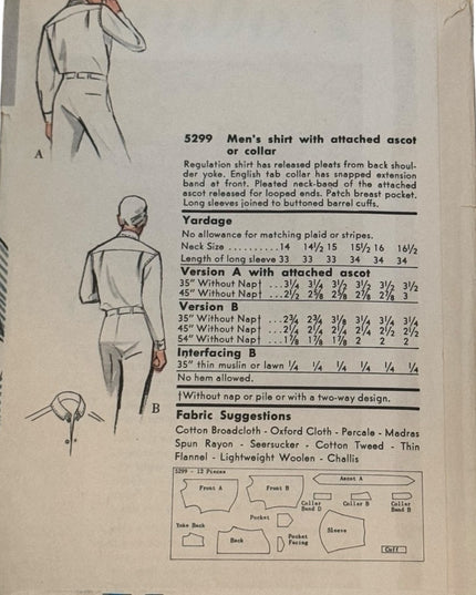 Vogue #5299  Vintage SEWING Pattern UNCUT C1961 MENS Shirt Designs UNCUT