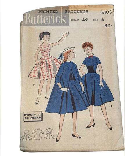 Vintage #8103 C1950s Butterick Sewing Pattern B26 SZ8 Duster coat & dress UNCUT