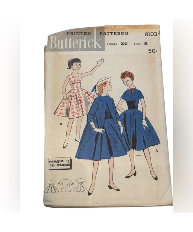 Vintage #8103 C1950s Butterick Sewing Pattern B26 SZ8 Duster coat & dress UNCUT