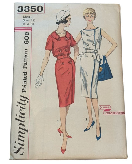 Vintage #3350 Simplicity Sewing Pattern C1960s Pencil Dress UNCUT SZ 12 B32