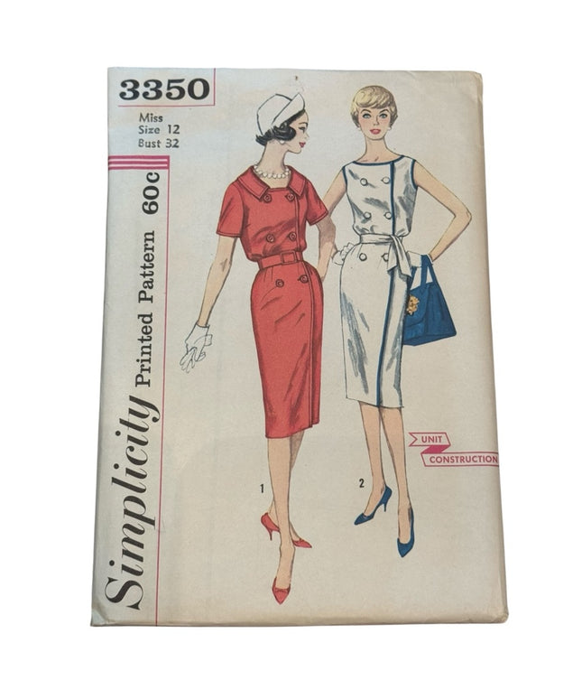 Vintage #3350 Simplicity Sewing Pattern C1960s Pencil Dress UNCUT SZ 12 B32