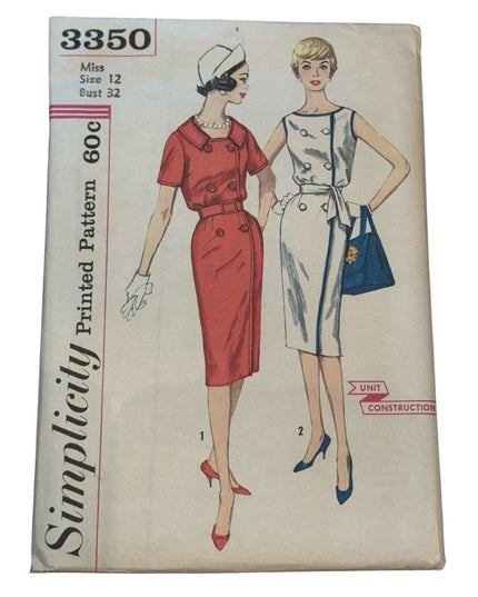 Vintage #3350 Simplicity Sewing Pattern C1960s Pencil Dress UNCUT SZ 12 B32