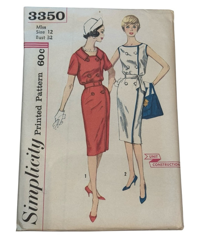 Vintage #3350 Simplicity Sewing Pattern C1960s Pencil Dress UNCUT SZ 12 B32
