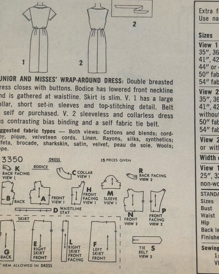 Vintage #3350 Simplicity Sewing Pattern C1960s Pencil Dress UNCUT SZ 12 B32