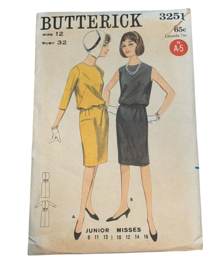 Butterick #3251 SEWING PATTERN  Dress Vintage C1960s Pattern SZ 12 B32