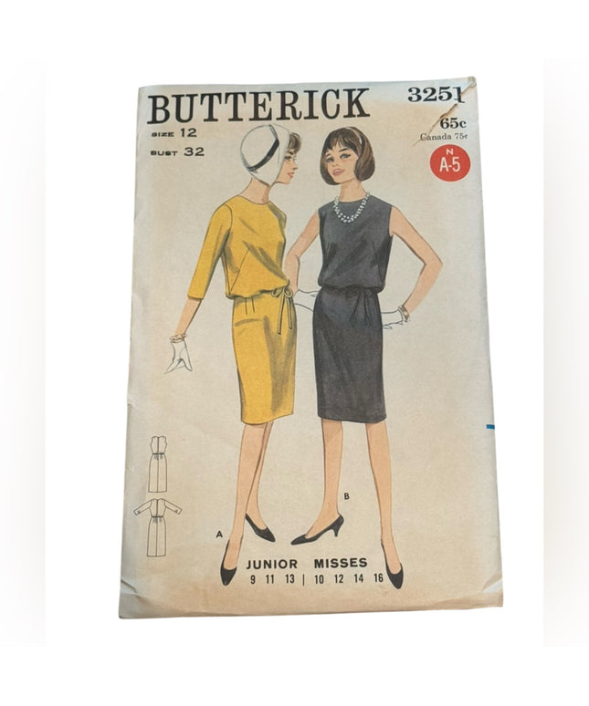 Butterick #3251 SEWING PATTERN  Dress Vintage C1960s Pattern SZ 12 B32