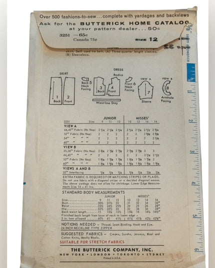 Butterick #3251 SEWING PATTERN  Dress Vintage C1960s Pattern SZ 12 B32