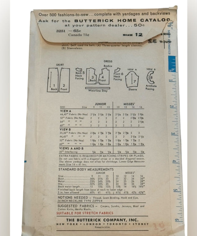 Butterick #3251 SEWING PATTERN  Dress Vintage C1960s Pattern SZ 12 B32