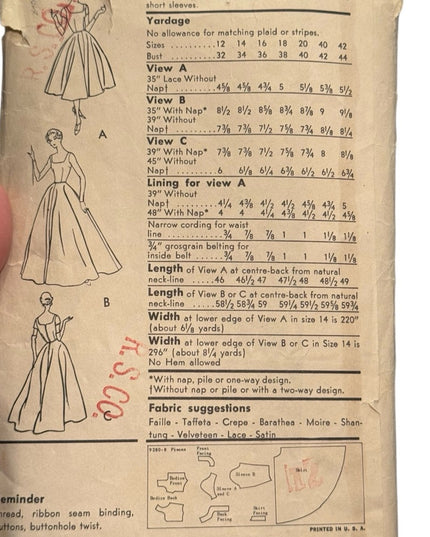 Vintage Vogue #9280 Womens fancy Dress c1950s Sewing Pattern SZ14 B34