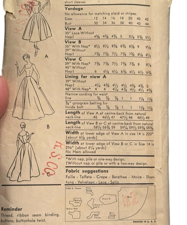 Vintage Vogue #9280 Womens fancy Dress c1950s Sewing Pattern SZ14 B34