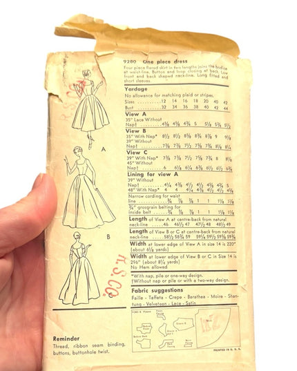 Vintage Vogue #9280 Womens fancy Dress c1950s Sewing Pattern SZ14 B34