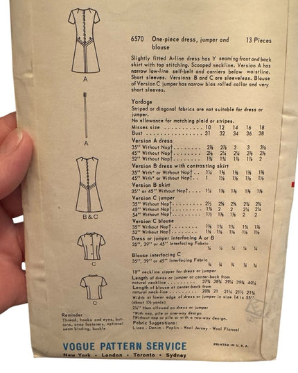 Vogue #6570 Vintage Sewing Pattern Women's Dress jumper bloue UNCUT SZ 12 C1960s