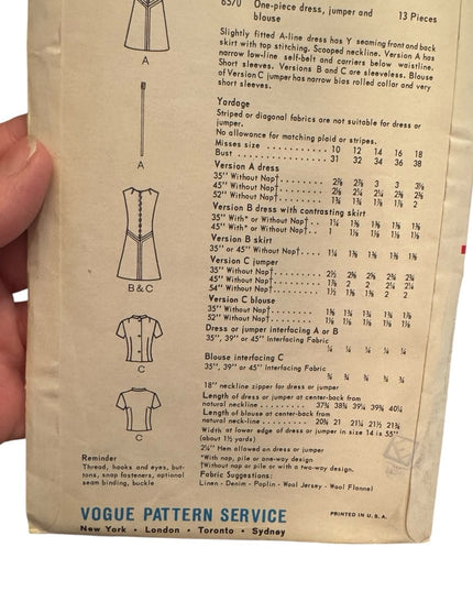 Vogue #6570 Vintage Sewing Pattern Women's Dress jumper bloue UNCUT SZ 12 C1960s