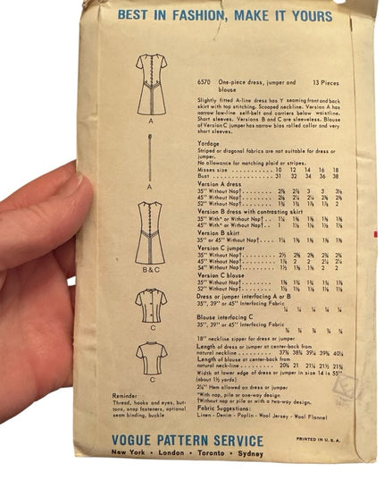 Vogue #6570 Vintage Sewing Pattern Women's Dress jumper bloue UNCUT SZ 12 C1960s