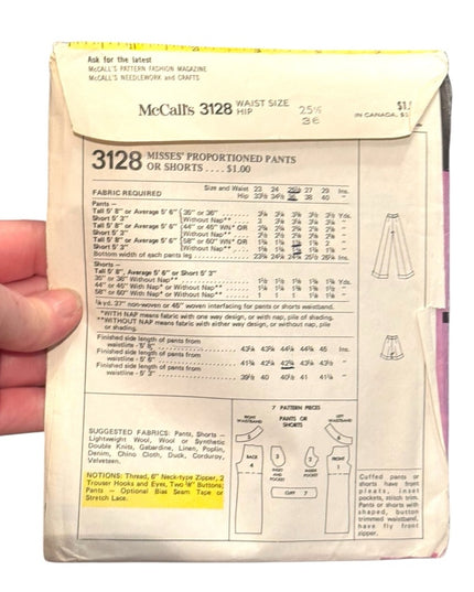 Vintage Mccalls #3128 -UNCUT Sewing Pattern Pants & Shorts 
SZ 25 H36