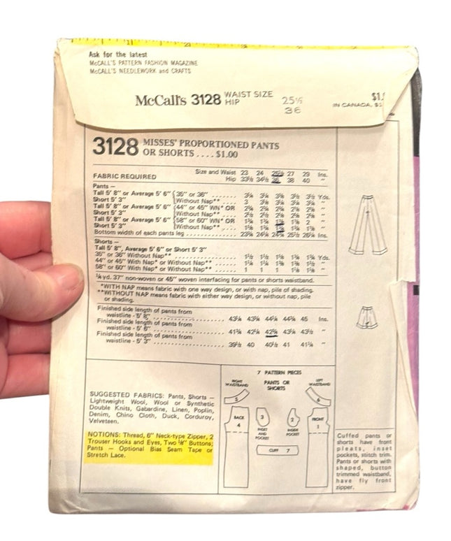 Vintage Mccalls #3128 -UNCUT Sewing Pattern Pants & Shorts 
SZ 25 H36