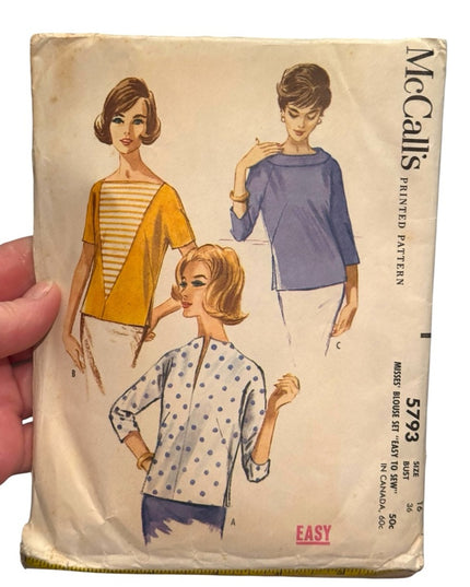 Vintage McCall's Sewing Pattern #5793 EASY Sew Blouse C1961 SZ16 B36 UNCUT