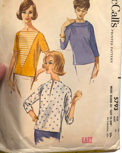 Vintage McCall's Sewing Pattern #5793 EASY Sew Blouse C1961 SZ16 B36 UNCUT