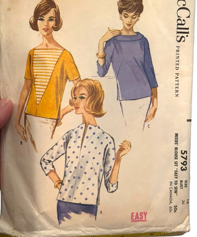 Vintage McCall's Sewing Pattern #5793 EASY Sew Blouse C1961 SZ16 B36 UNCUT