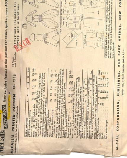 Mccalls Vintage C1950s #2115 Kids Pirate Turkish Spanish Costume Pattern SZ6