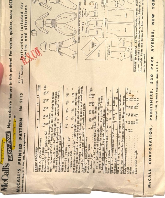 Mccalls Vintage C1950s #2115 Kids Pirate Turkish Spanish Costume Pattern SZ6