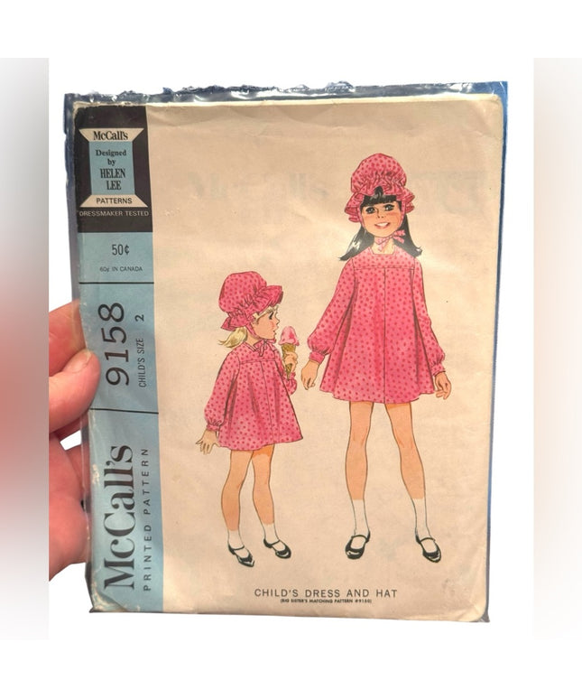 McCall's Vintage #9158 Child's SZ2 Dress and Hat Pattern C1960s