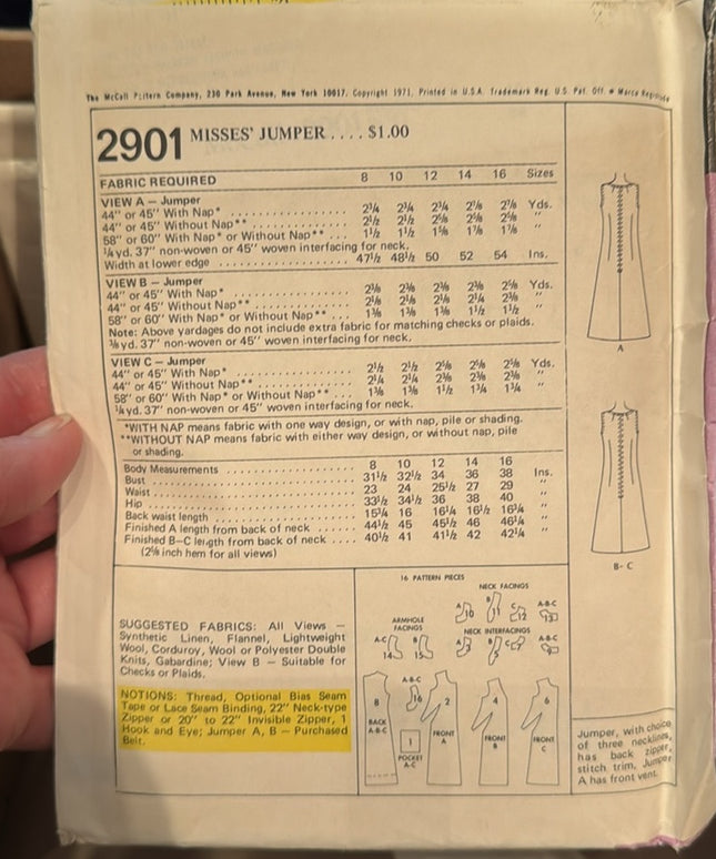 McCall's Vintage #2901 Misses' Jumper Sewing Pattern UNCUT Misses SZ 16 B38