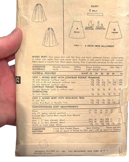 Vintage C1950s Advance Fancy Skirt Pattern #6445 SEW EASY SZ 24”
