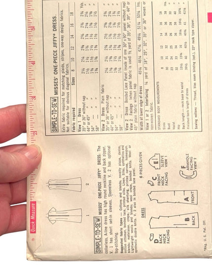 Simplicity #7072 Vintage C1960s Women's Jiffy Dress Pattern SZ16 B36