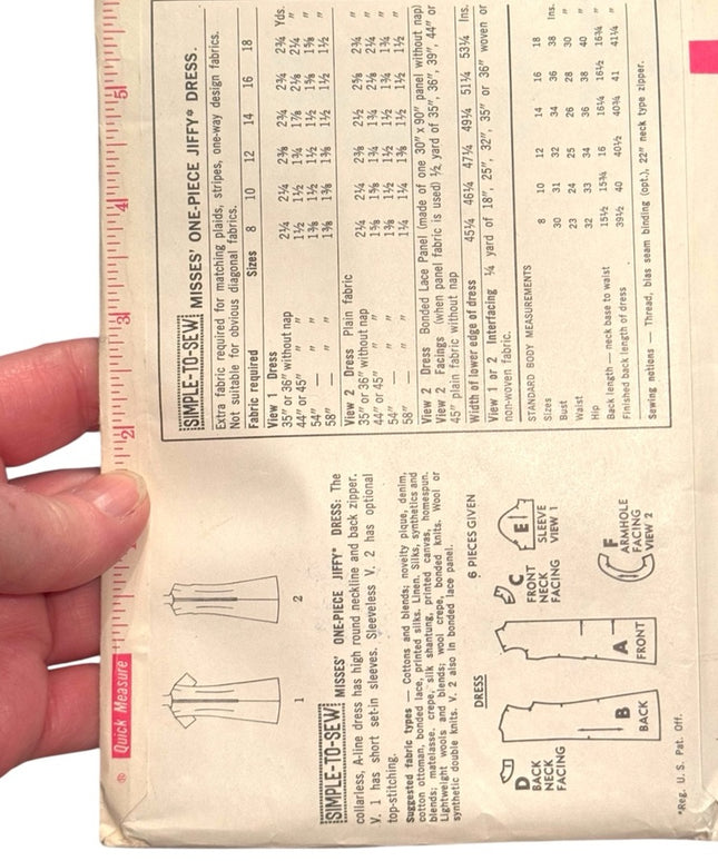 Simplicity #7072 Vintage C1960s Women's Jiffy Dress Pattern SZ16 B36