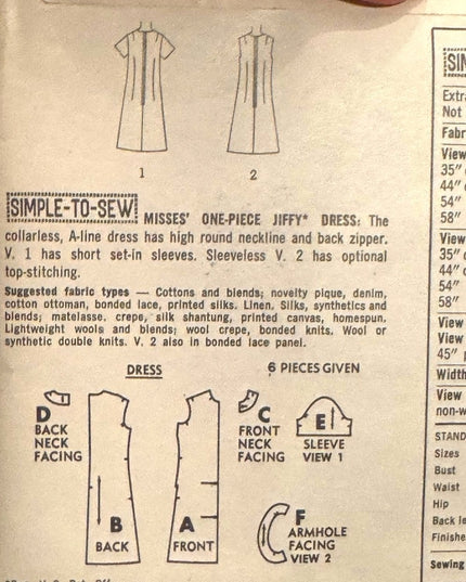 Simplicity #7072 Vintage C1960s Women's Jiffy Dress Pattern SZ16 B36