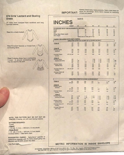 Stretch & Sew #974 Girls' Leotard Skating Dress Pattern C1990 Vintage