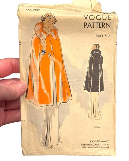 Vogue #7187 C1940s Sewing Pattern Evening Cape UNCUT Easy To make Sz S