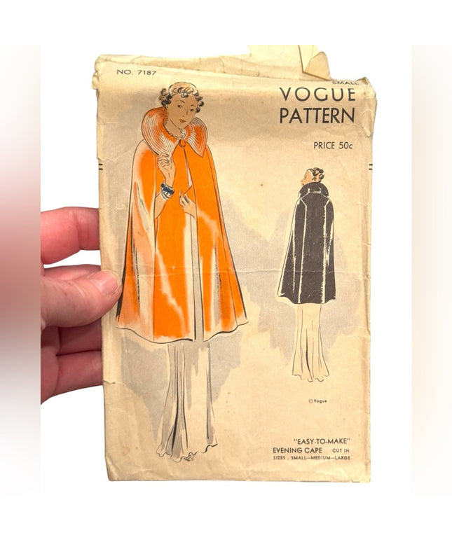 Vogue #7187 C1940s Sewing Pattern Evening Cape UNCUT Easy To make Sz S