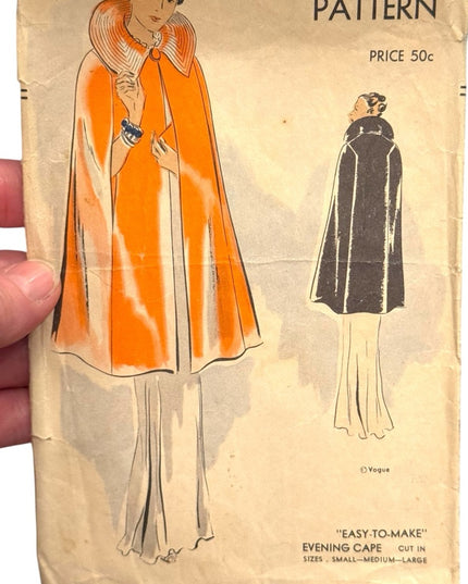 Vogue #7187 C1940s Sewing Pattern Evening Cape UNCUT Easy To make Sz S