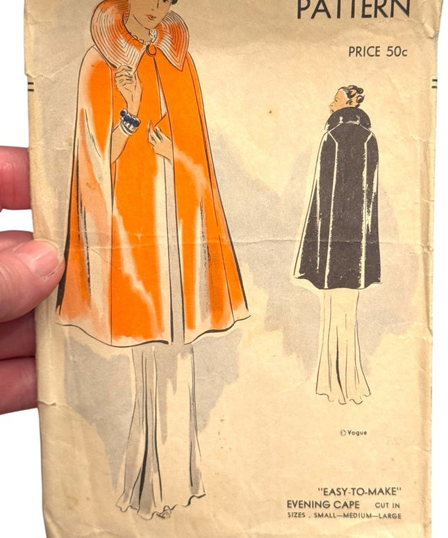 Vogue #7187 C1940s Sewing Pattern Evening Cape UNCUT Easy To make Sz S