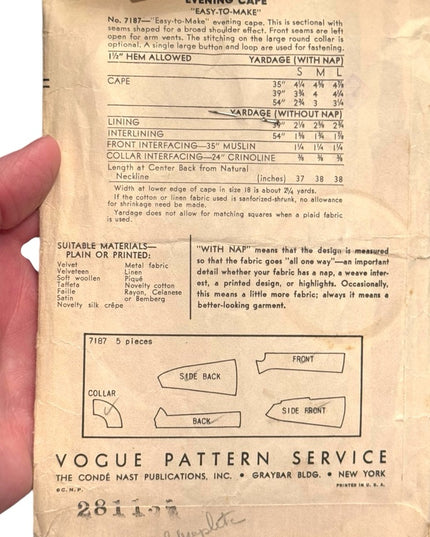 Vogue #7187 C1940s Sewing Pattern Evening Cape UNCUT Easy To make Sz S