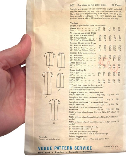 Vogue #6437 Vintage C1950s Sheath Dress Sleeveless Bateau Sewing Pattern SZ14 12