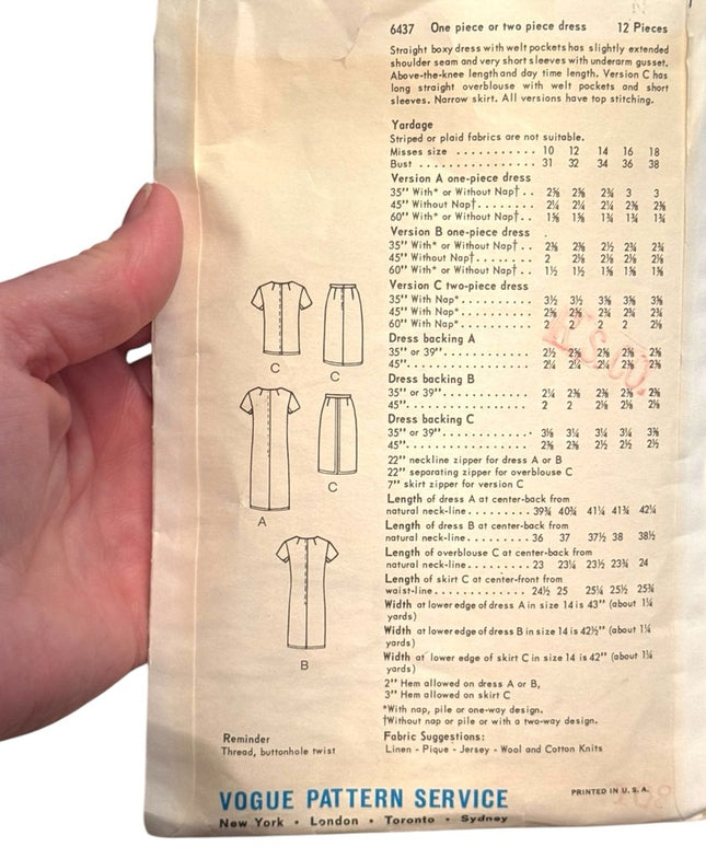 Vogue #6437 Vintage C1950s Sheath Dress Sleeveless Bateau Sewing Pattern SZ14 12