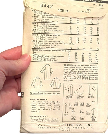 Vintage Advance #8442 C1050s Sewing Pattern Women's Coats UNCUT SZ 18