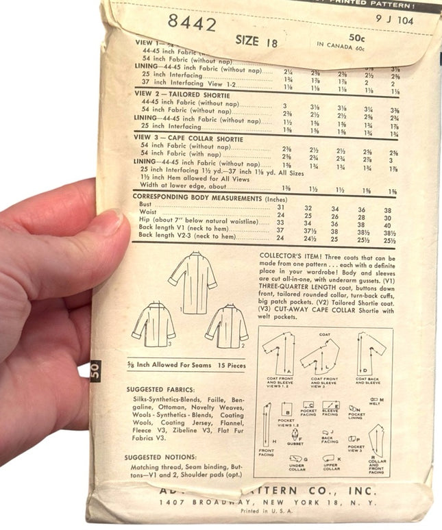 Vintage Advance #8442 C1050s Sewing Pattern Women's Coats UNCUT SZ 18