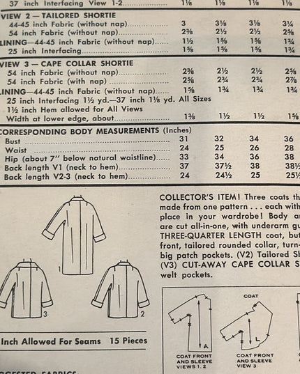 Vintage Advance #8442 C1050s Sewing Pattern Women's Coats UNCUT SZ 18