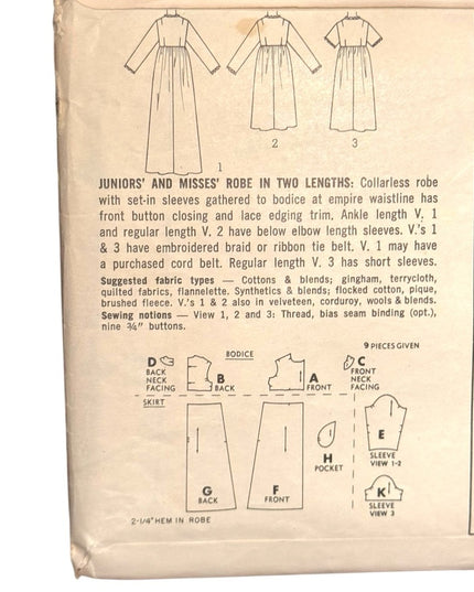 Simplicity C1960s Vintage Sewing Pattern Robe in 2 lengths SZ14 B34