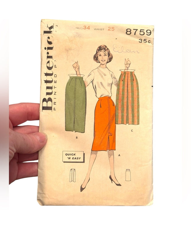 Butterick #8759 Vintage C1960s UNCUT  EASY Pencil Skirt Knee SZ 34/25